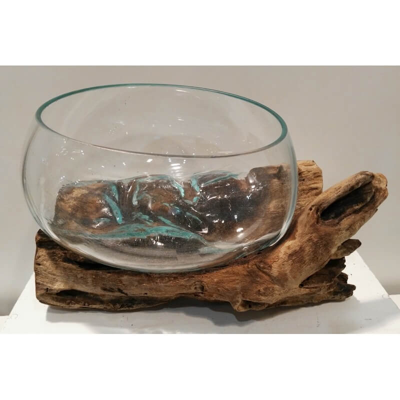 vase et aquarium évasé en verre soufflé sur pied en bois, modèle unique.