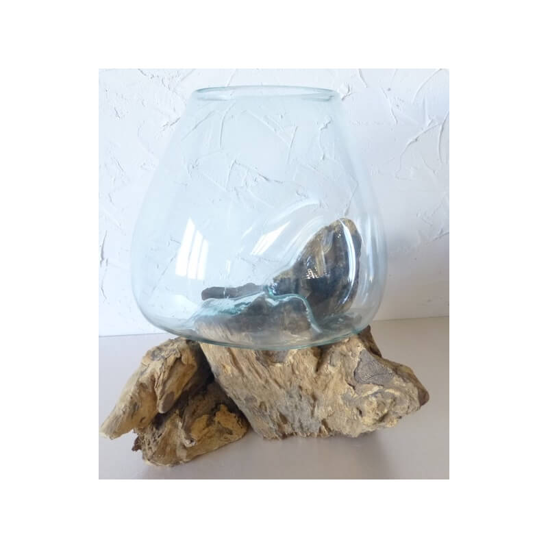 vase et aquarium en verre soufflé sur pied en bois, modèle unique.