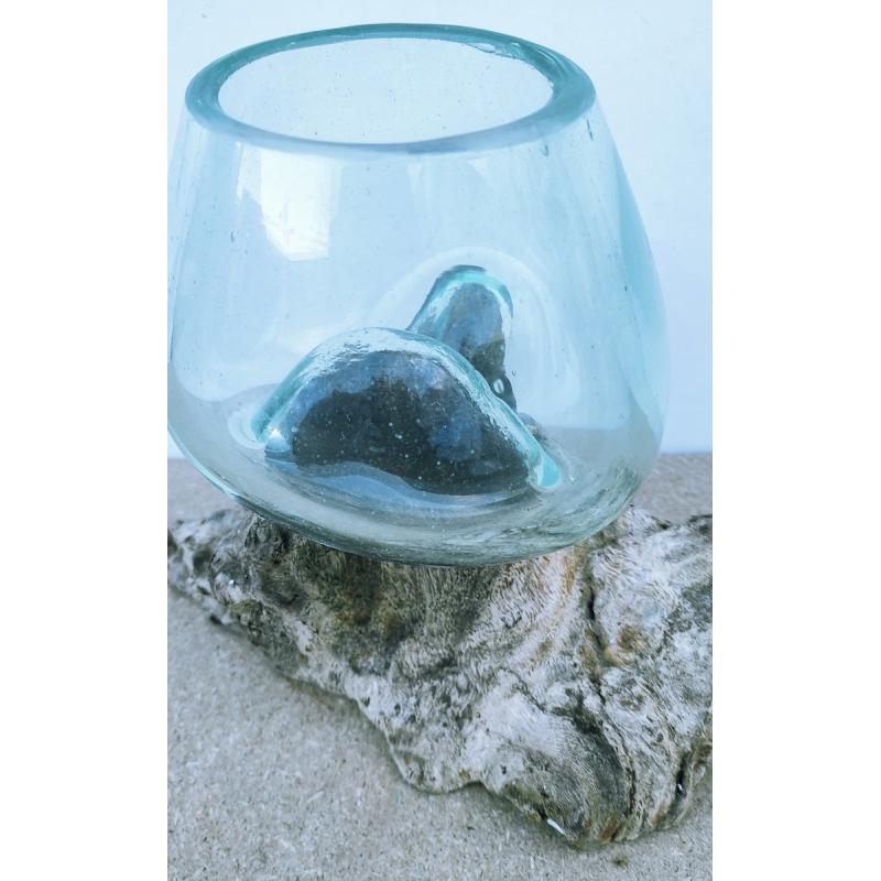 vase et aquarium en verre soufflé sur pied en bois, modèle 20cm.