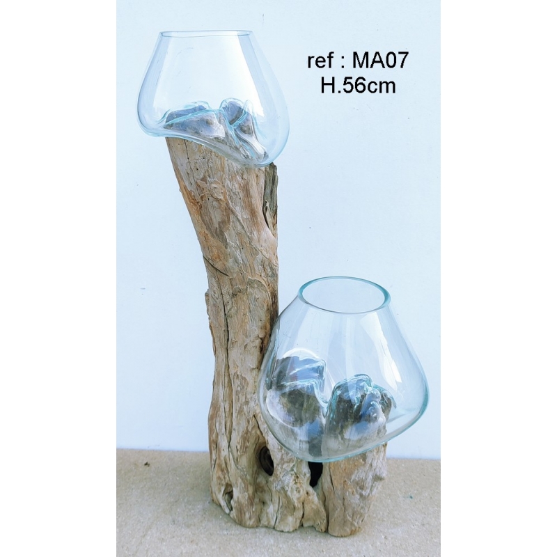vase et aquarium en verre soufflé sur pied en bois, modèle unique.