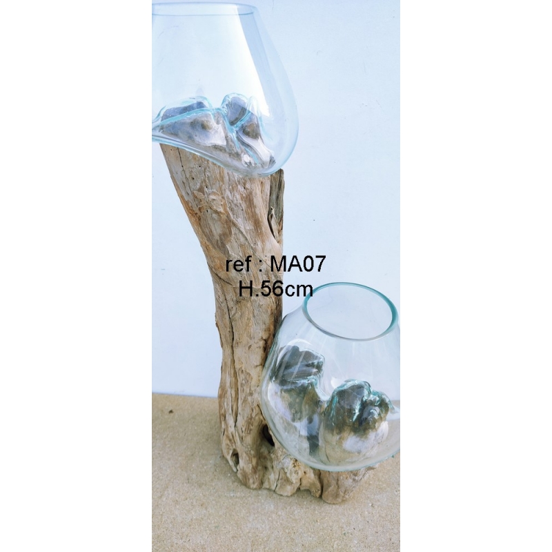 vase et aquarium en verre soufflé sur pied en bois, modèle unique.