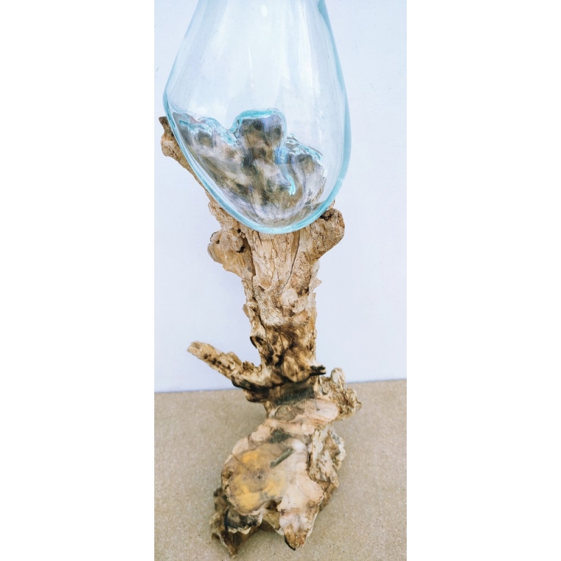 vase et aquarium en verre soufflé sur pied en bois, modèle unique.