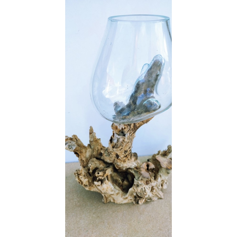 vase et aquarium en verre soufflé sur pied en bois, modèle unique.
